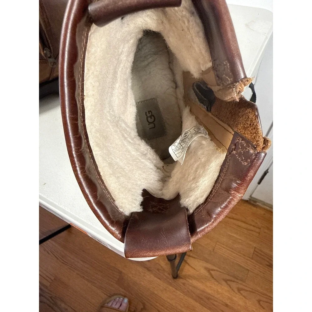 UGG Mens Brown Leather Vibram Sole Shearling Lined Side Zip Winter Boots Sz 10